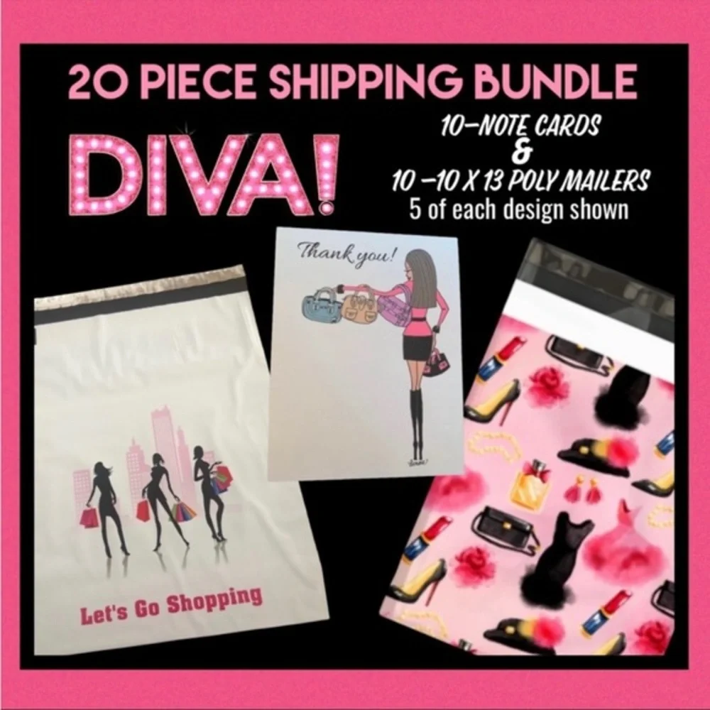 20 piece shopping diva Shipping bundle note cards & 10”X 13” poly mailers